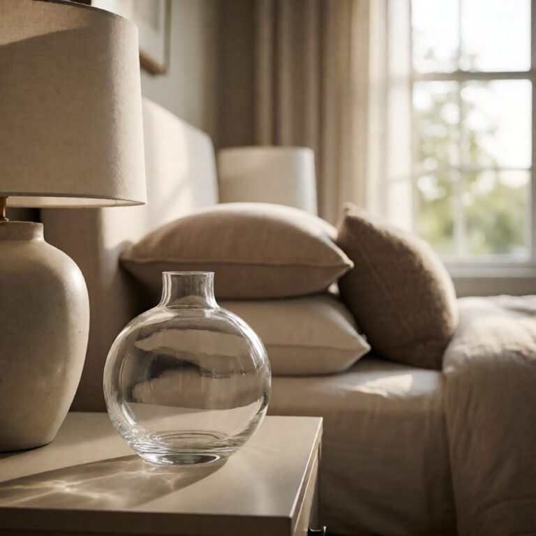 Clear Glass Round Vase - styled on a bedside table, styled lifestyle scene