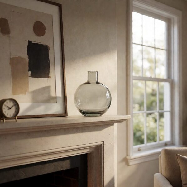 Clear Glass Round Vase - styled on a fireplace mantel, styled lifestyle scene