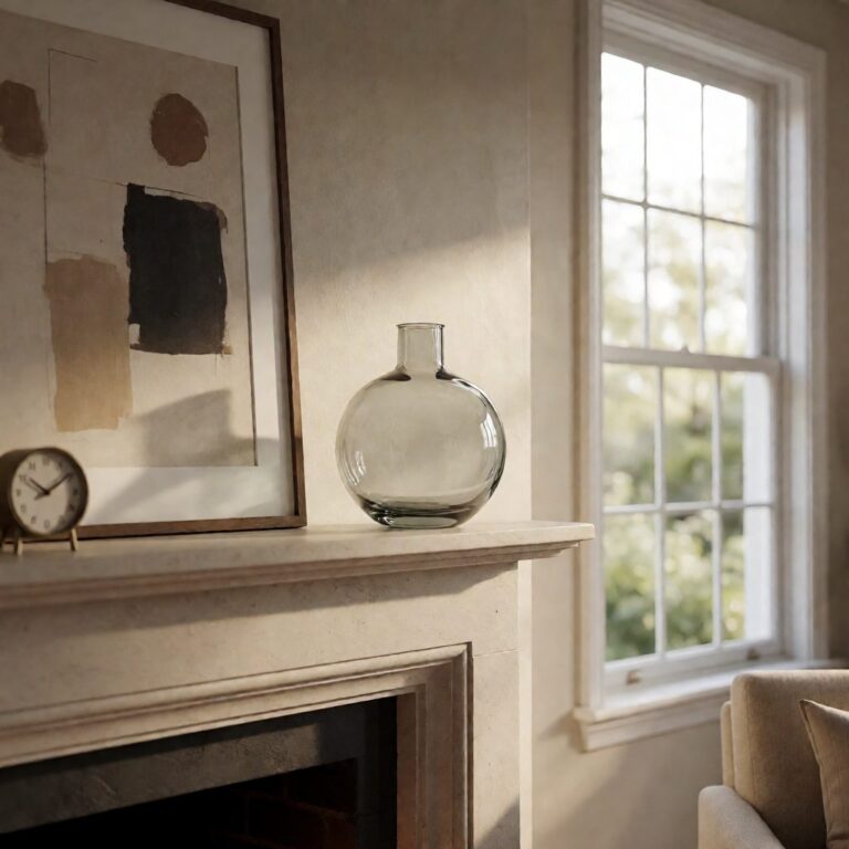Clear Glass Round Vase - styled on a fireplace mantel, styled lifestyle scene