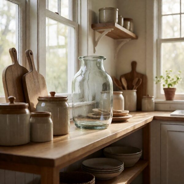Clear Glass Tall Vase - styled on a kitchen shelf, styled lifestyle scene