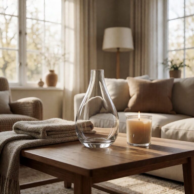 Clear Glass Teardrop Vase - styled on a coffee table, styled lifestyle scene