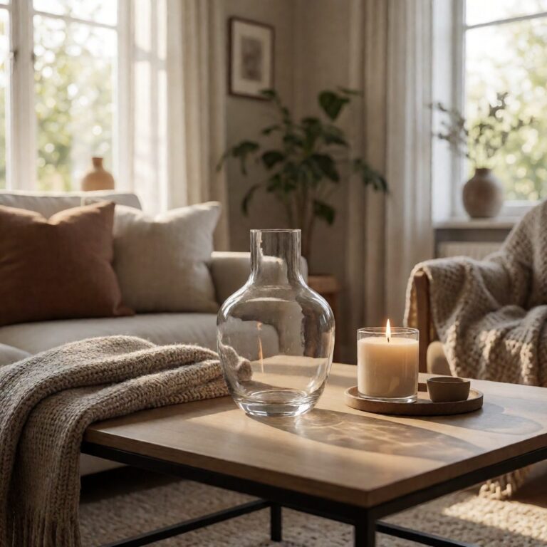 Clear Glass Vase - styled on a coffee table, styled lifestyle scene