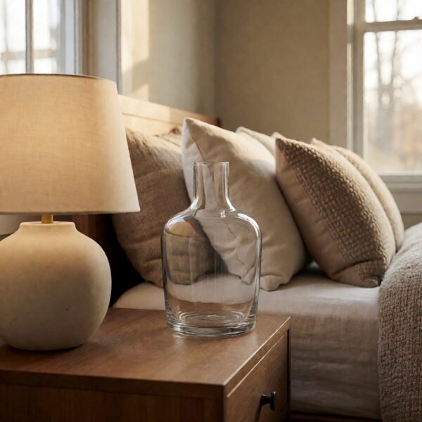 Clear Glass Vase - Clear - styled on a bedside table, styled lifestyle scene