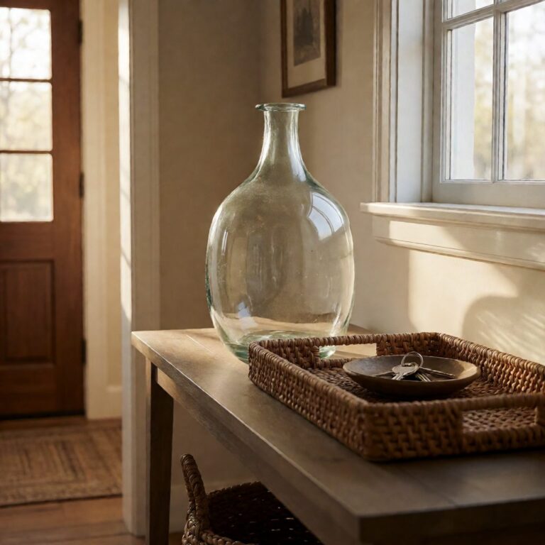 Clear Glass Vase - Large - styled on an entryway console table, styled lifestyle scene