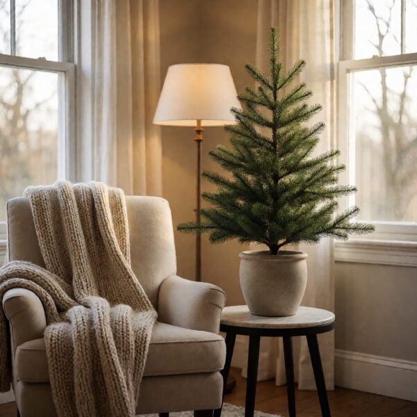 Coloma Golden Pine Potted Artificial Christmas Tree - styled on a side table beside an armchair, styled lifestyle scene