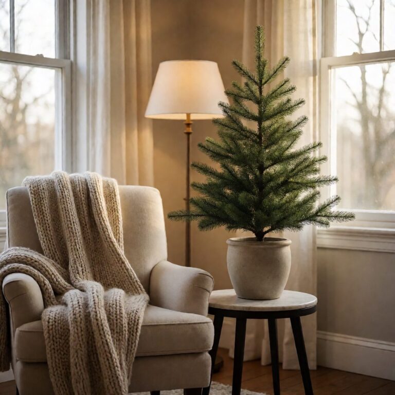Coloma Golden Pine Potted Artificial Christmas Tree - styled on a side table beside an armchair, styled lifestyle scene