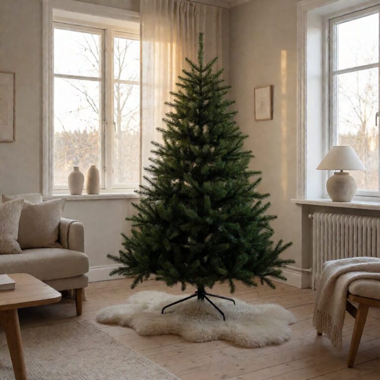 Colorado Mountain Spruce Artificial Christmas Tree - styled in a Scandinavian-style living room, styled lifestyle scene
