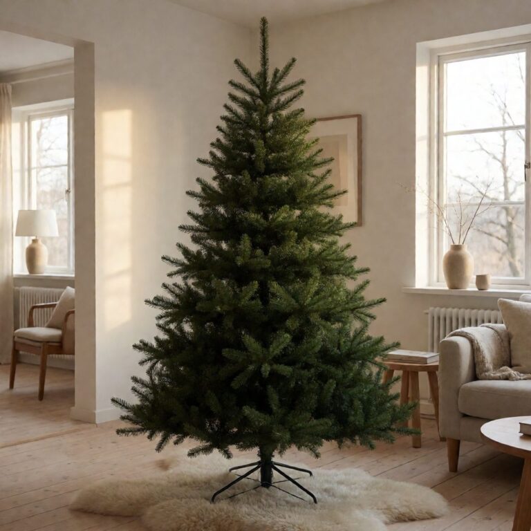 Colorado Mountain Spruce Flip-Style Artificial Christmas Tree - styled in a Scandinavian-style living room, styled lifestyle scene
