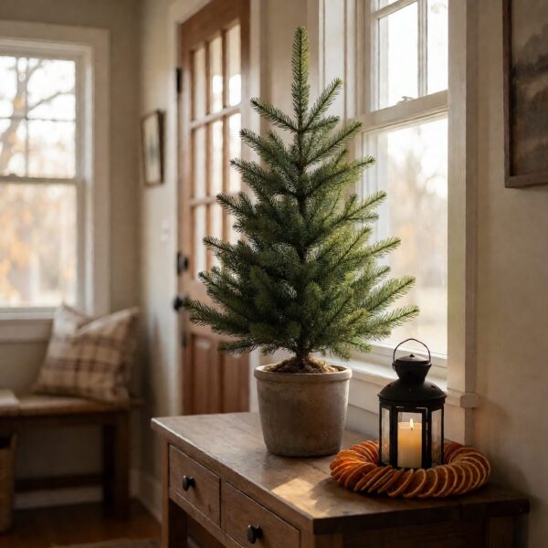 Colorado Mountain Spruce Potted Artificial Christmas Tree - styled on an entryway console table, styled lifestyle scene