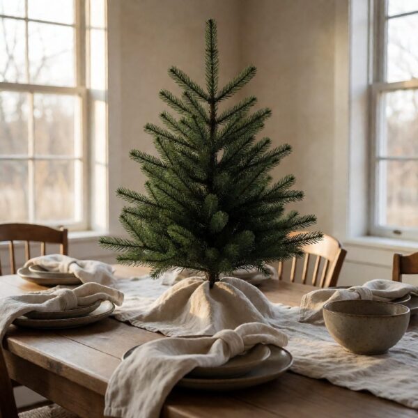 Country Farm Fir Artificial Christmas Tree - styled as a dining table centerpiece, styled lifestyle scene