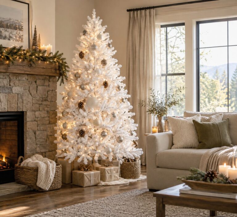 Denali White Artificial Christmas Tree - styled in a living room corner beside a fireplace, styled lifestyle scene