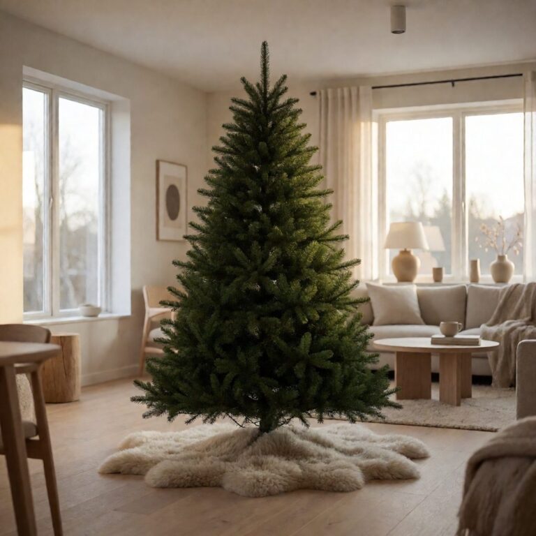 Durango Douglas Fir Artificial Christmas Tree - styled in a Scandinavian-style living room, styled lifestyle scene