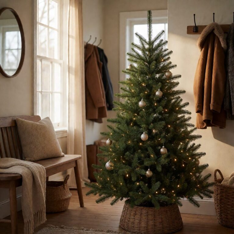 European Fir Artificial Christmas Tree - styled in an entryway foyer with a wooden bench, styled lifestyle scene