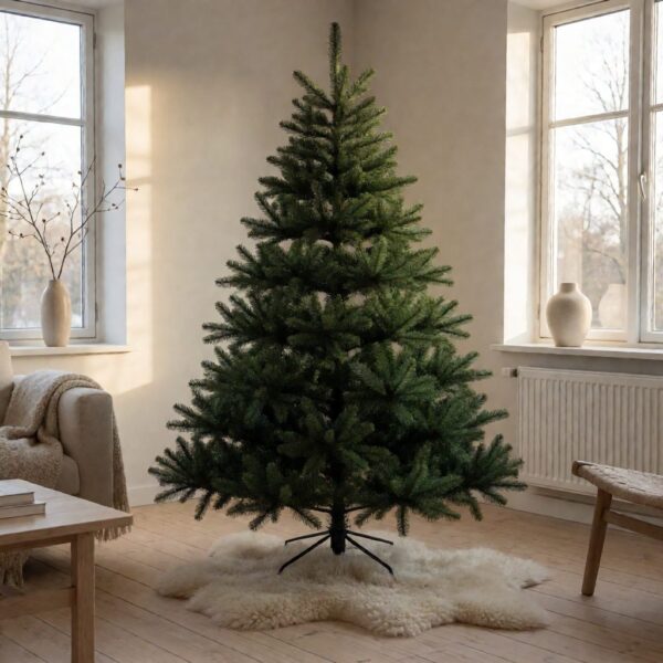 European Silver Fir Artificial Christmas Tree - styled in a Scandinavian-style living room, styled lifestyle scene