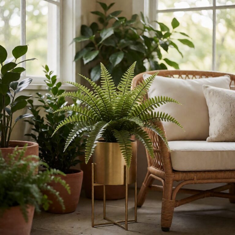 Faux Boston Fern Plant in Planter - Gold - styled on a covered patio, styled lifestyle scene