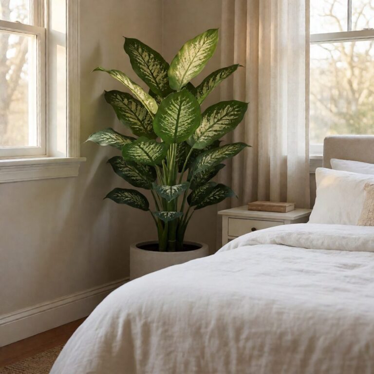 Faux Dieffenbachia Plant in Planter - styled in a bedroom corner, styled lifestyle scene