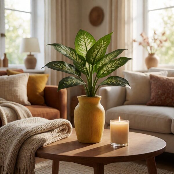 Faux Dieffenbachia Plant in Wood Vase - Yellow - styled on a coffee table, styled lifestyle scene