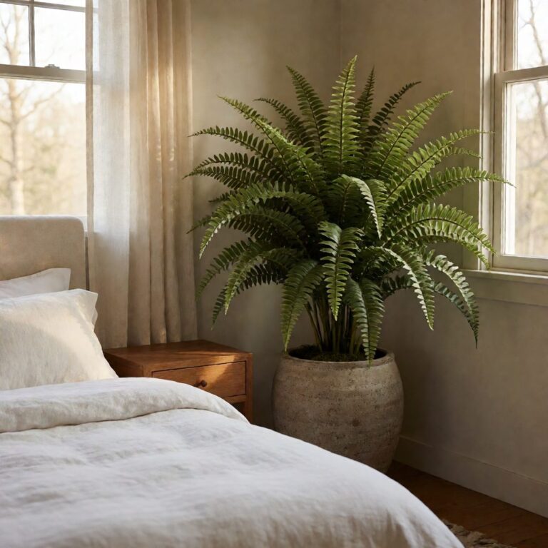 Faux Fern Plant in Planter - styled in a bedroom corner, styled lifestyle scene