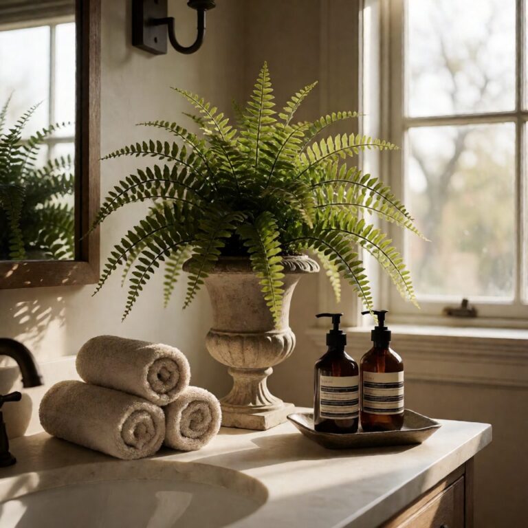 Faux Fern Plant in Urn - styled on a bathroom counter, styled lifestyle scene