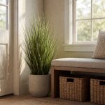 Faux Grass Plant in Planter - styled by an entryway bench, styled lifestyle scene