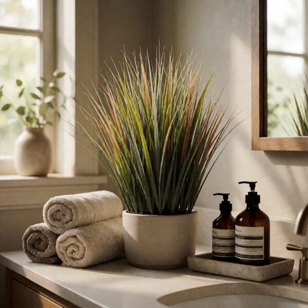 Faux Grass Plant in Planter - Multicolor - styled on a bathroom counter, styled lifestyle scene