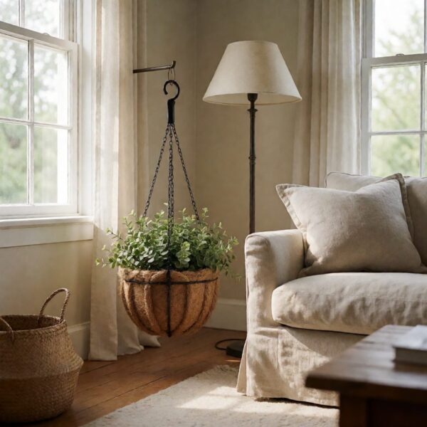 Faux Hanging Basket - styled in a bright living room corner, styled lifestyle scene