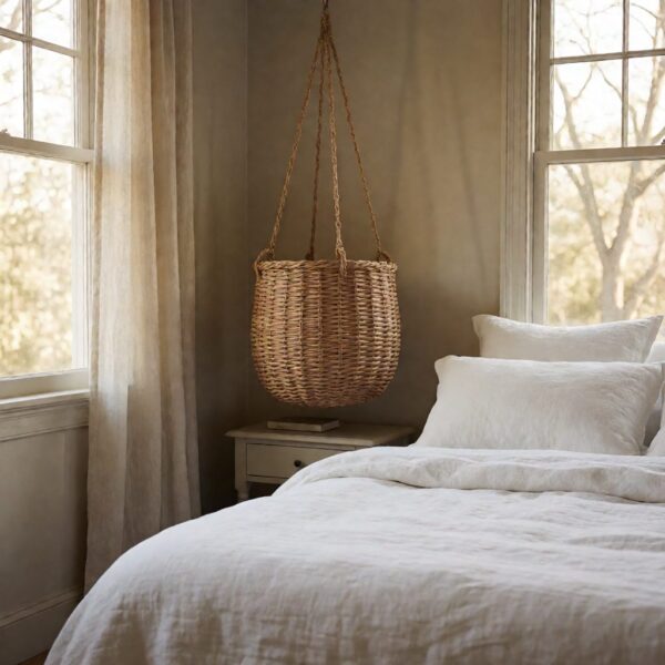 Faux Hanging Basket - styled in a bedroom corner, styled lifestyle scene