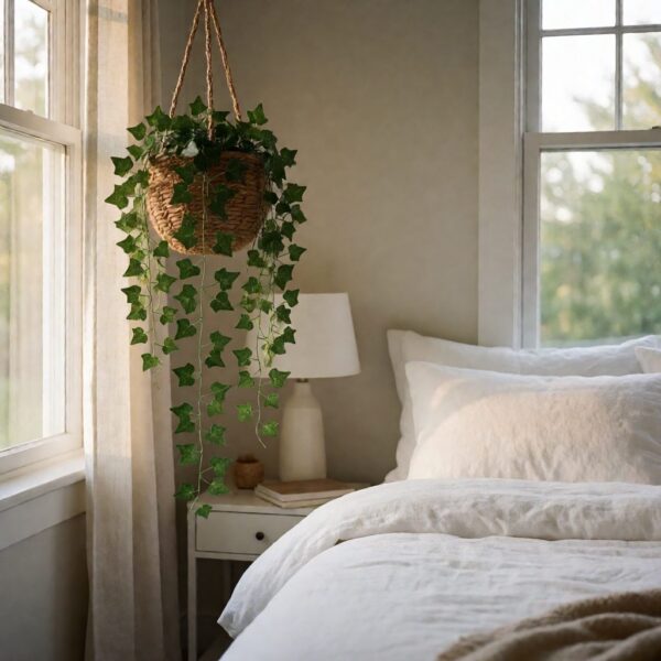 Faux Ivy Hanging Basket - styled in a bedroom corner, styled lifestyle scene