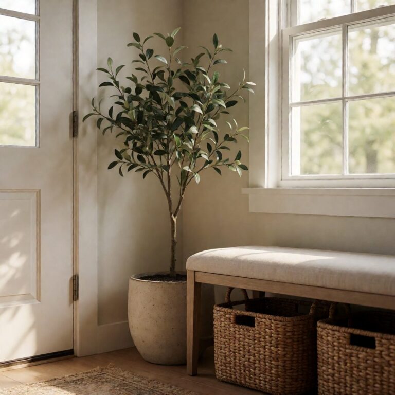 Faux Plant in Planter - styled by an entryway bench, styled lifestyle scene