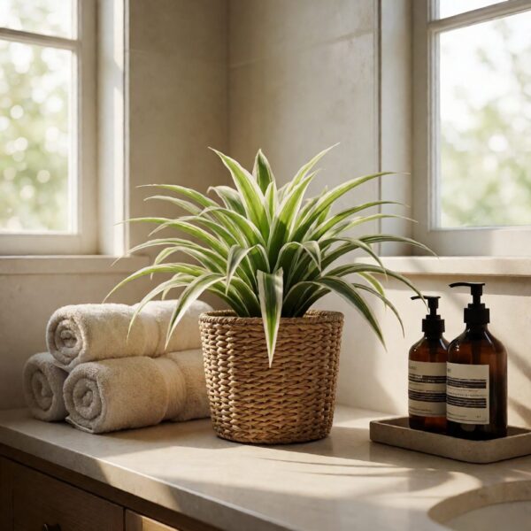 Faux Spider Plant in Basket - styled on a bathroom counter, styled lifestyle scene
