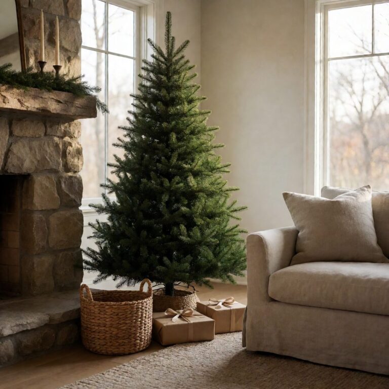 Fraser Fir Artificial Christmas Tree - styled in a living room corner beside a fireplace, styled lifestyle scene