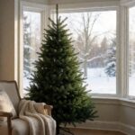 Fraser Fir Flip-Style Artificial Christmas Tree - styled beside a bay window with snow outside, styled lifestyle scene