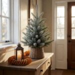 Frosted Alpine Balsam Fir Tabletop Artificial Christmas Tree - styled on an entryway console table, styled lifestyle scene