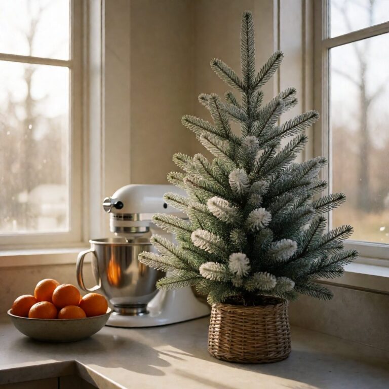 Frosted Balsam Fir Tabletop Artificial Christmas Tree - styled on a kitchen counter, styled lifestyle scene