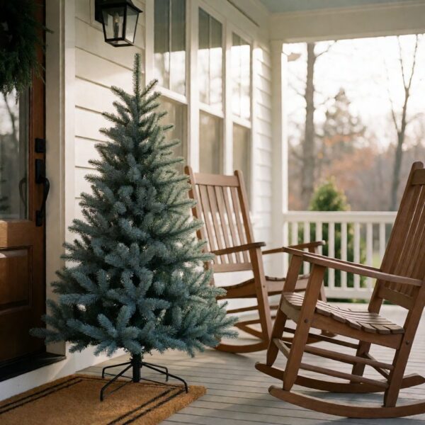 Frosted Classic Blue Spruce Artificial Christmas Tree - styled on a covered front porch, styled lifestyle scene