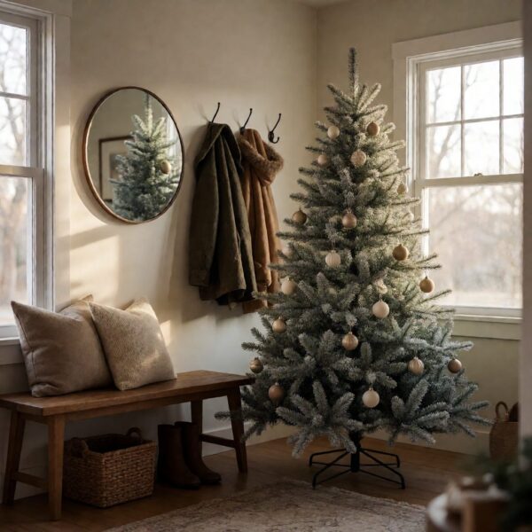 Frosted Fraser Fir Artificial Christmas Tree - styled in an entryway foyer with a wooden bench, styled lifestyle scene