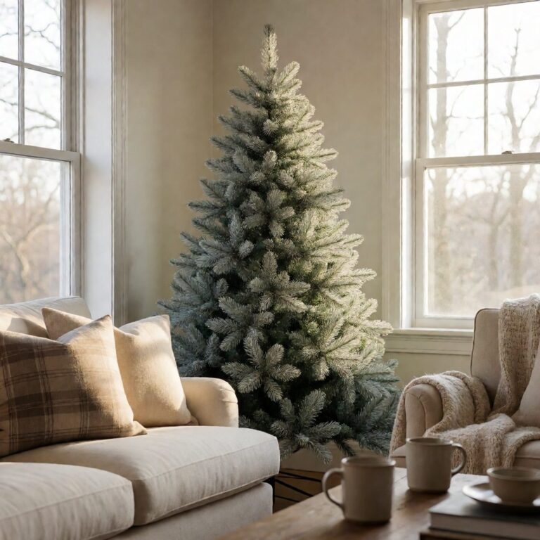 Frosted Sugar Pine Artificial Christmas Tree - styled next to a sofa in a bright living room, styled lifestyle scene