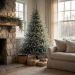 Frosted Yukon Spruce Artificial Christmas Tree - styled in a living room corner beside a fireplace, styled lifestyle scene