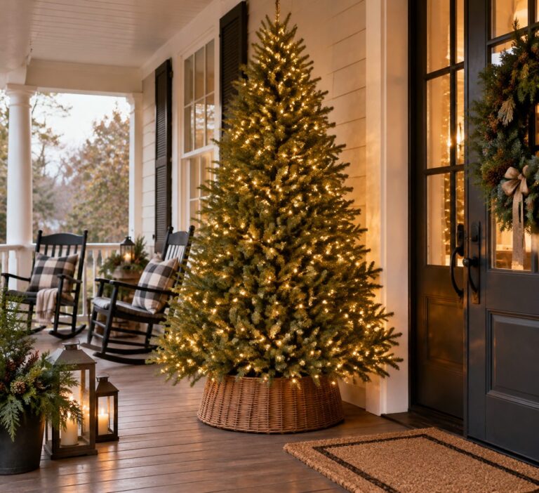 Golden Aspen Estate Fir Artificial Christmas Tree - styled on a covered front porch, styled lifestyle scene