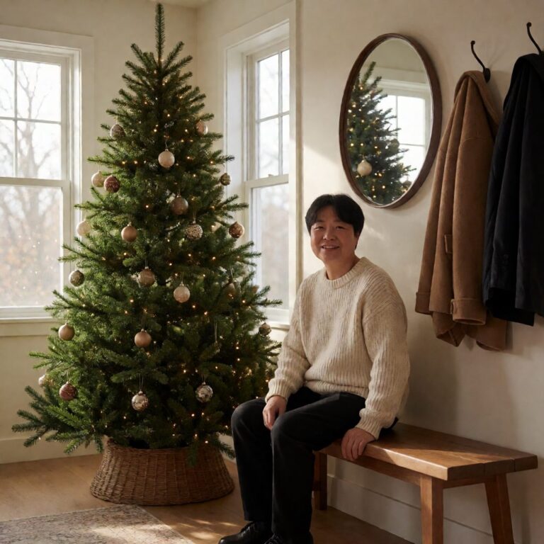 Grand Canyon Cedar Artificial Christmas Tree - styled in an entryway foyer with a wooden bench, styled lifestyle scene