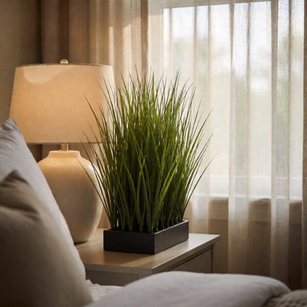 Grass Faux Arrangement - styled on a bedside table, styled lifestyle scene