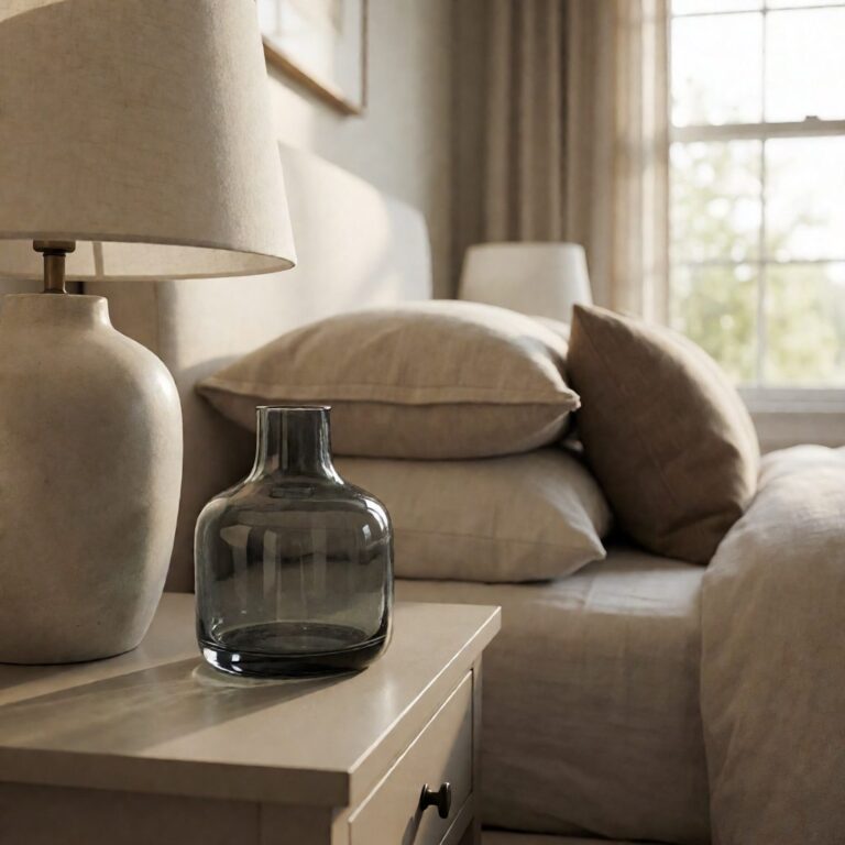 Gray Glass Vase - Short - styled on a bedside table, styled lifestyle scene