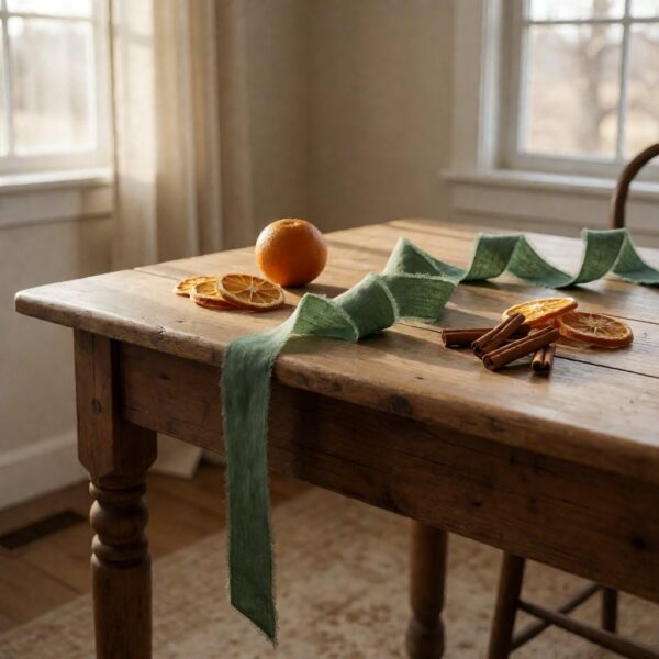 Green Linen Ribbon - 10Yd - styled with dried orange decor, styled lifestyle scene