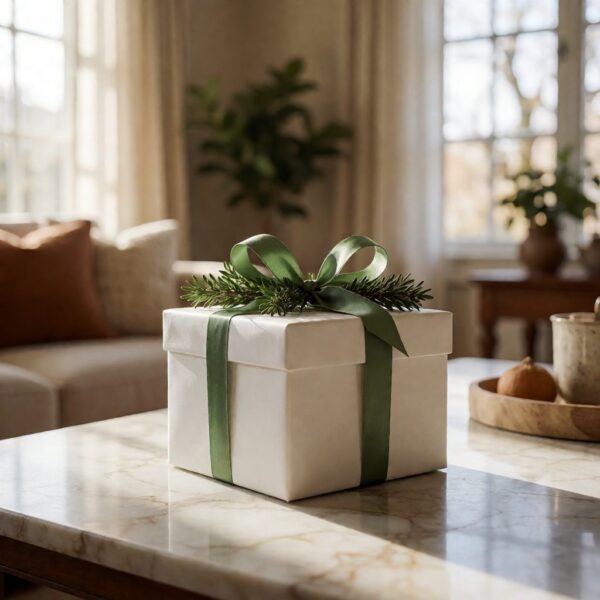 Green Ribbon - 10Yd - styled on a wrapped gift, styled lifestyle scene