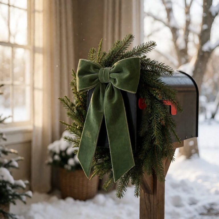 Green Velvet Bow - styled on a decorated mailbox, styled lifestyle scene