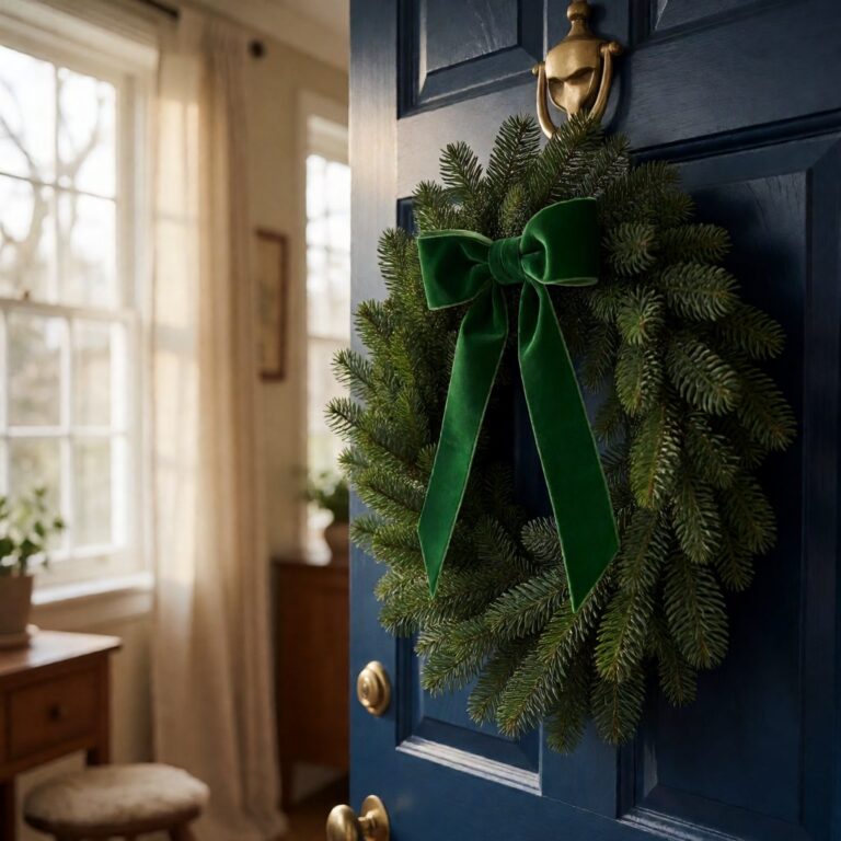 Green Velvet Bow - Green - styled on a wreath on a front door, styled lifestyle scene
