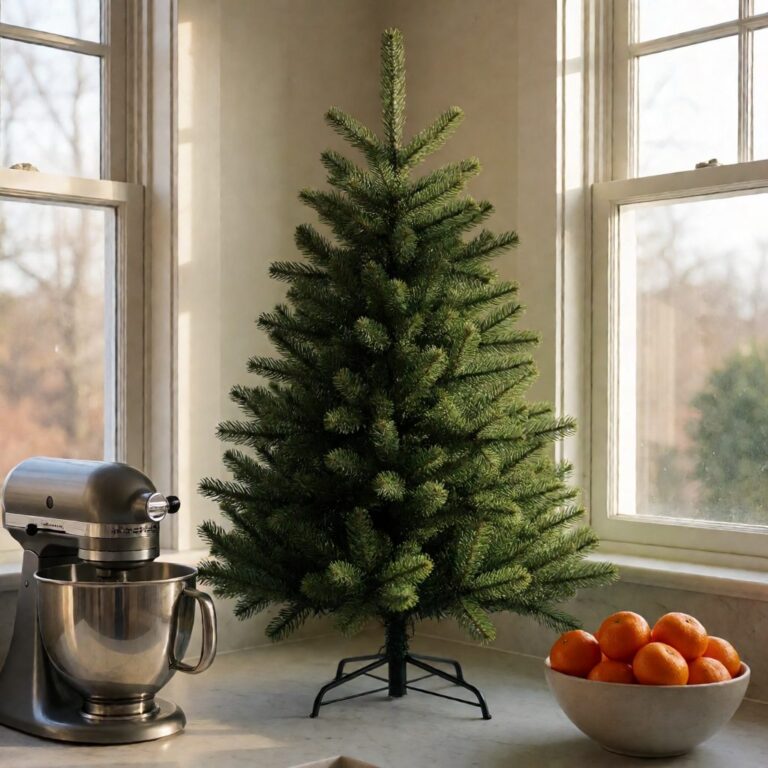 Greenwich Estates Pine Artificial Christmas Tree - styled on a kitchen counter, styled lifestyle scene