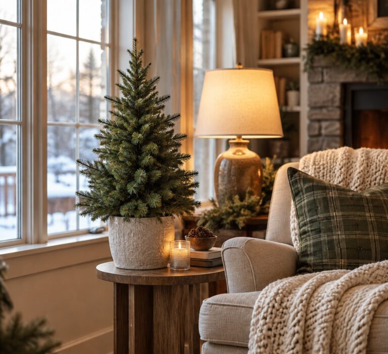 Highland Estate Spruce Potted Artificial Christmas Tree - styled on a side table beside an armchair, styled lifestyle scene