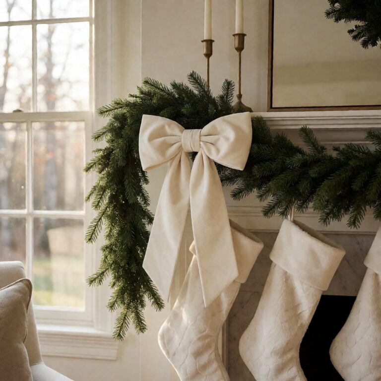 Ivory Velvet Bow - styled on a fireplace garland, styled lifestyle scene