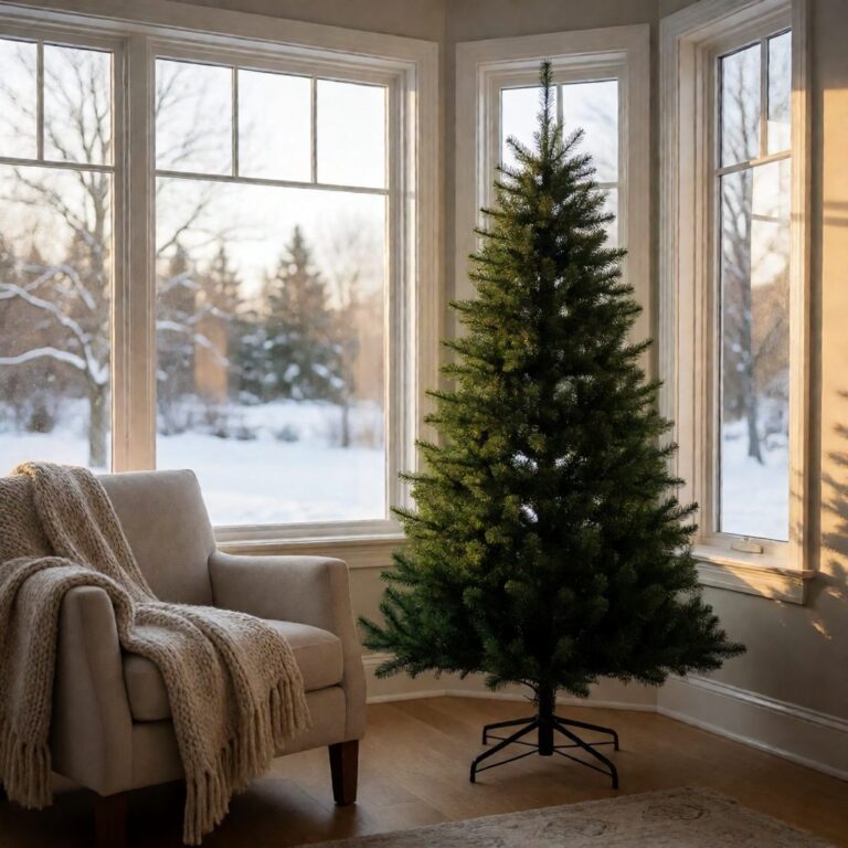 Lake Tahoe Slim Artificial Christmas Tree - styled beside a bay window with snow outside, styled lifestyle scene